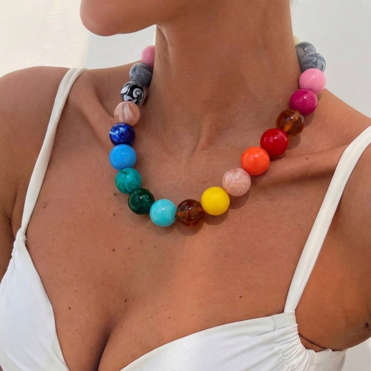Men Accessories Aesthetic - قلادة كبيرة مستديرة من الخرز الأكريليك